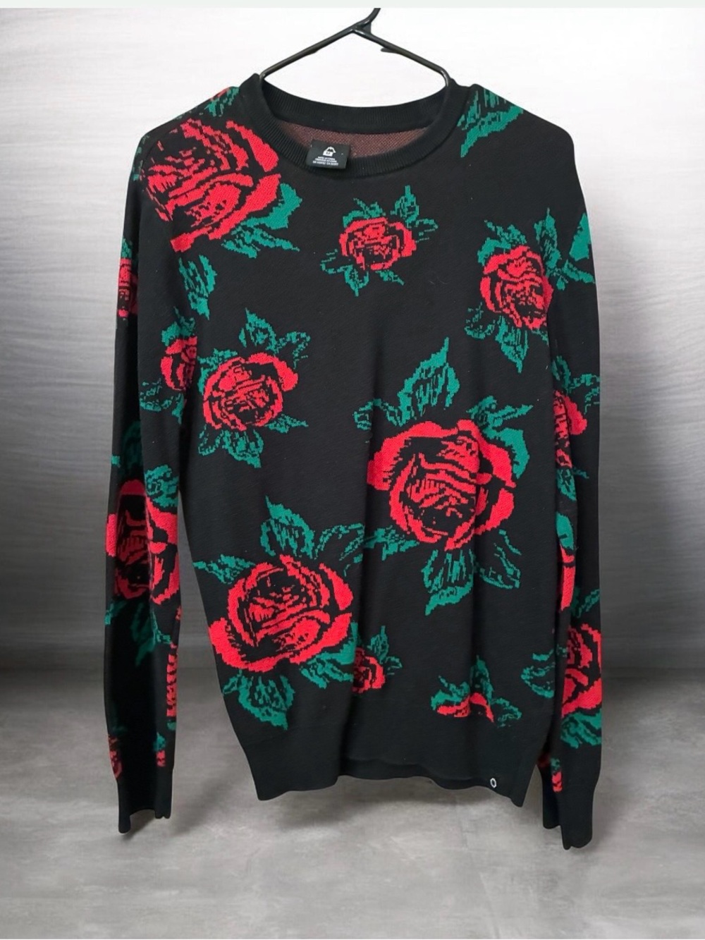 Empyre Black Crewneck Sweater with Red Rose Print
